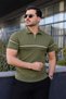 Men's Casual Striped Zippered Knitwear Green Polo Neck T-Shirt