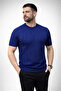 Men's Summer Knitwear Woven T-Shirt Short Sleeve Crew Neck Knitted Pattern T-Shirt - Navy Blue - 4