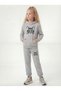 Cat Print Detailed Hooded Girls' Tracksuit Set with Kangaroo Pockets - 2