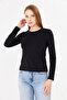 Women's Black Crew Neck Cotton Long Sleeve Basic Combed Cotton Tshirt Blouse - 4