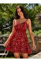 Women's Rope Strap V-Neck Short Patterned Single Jersey Dress - 3