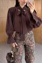 V-Neck Tie-Neck Coffee Blouse - 4