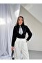 Black Oversize Poblin Fabric Women's Shirt with Scarf - 2