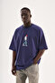 Men's Minimal Printed and Embroidered Oversize T-Shirt Midnight Blue - 2