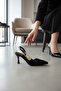 Pointed Toe, Back Strap, and Gold Detailed Mid-Heel Shoes