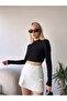 Women's Black Backless Tie Detailed High Neck Long Sleeve Cropped Blouse - 3