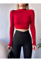 Women's Burgundy Backless Tie Detailed High Neck Long Sleeve Cropped Blouse - 3