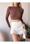 Women's Coffee Color Backless Tie Detailed High Neck Long Sleeve Cropped Blouse - 6