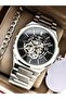 ساعة يد رجالية أوتوماتيكية (بدون بطارية)، سوار فولاذي فضي، وظيفية، مينا أسود، + سوار سلسلة - 4