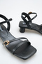 Women's Black Leather Sandals with Stylish Gold Buckle Detail, Ankle Strap, Low Heel, Summer Trend - 3