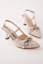 Women's Embroidered Heeled Shoes with Chain Detail and Open Back - 4