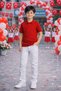 Boys' Red Collared T-Shirt White Pants Set - School Event & Holiday 4-14 Years Old