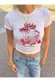Women's White Aloha Club Printed Crew Neck Slim Crop Tshirt - 2