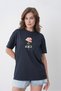 Women's Summer Style Love 1996 Written Pink Rose Printed Round Crew Neck Navy Blue Cotton T-Shirt