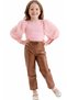 Girl's Tulle Sleeves and Faux Leather Trousers Ribbed Badili Brown Color Double Set