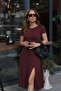 Women's Crew Neck Short Sleeve Side Slit Viscose Dress - 2