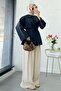 Premium Guipure Piping Poplin Shirt Tunic - Navy Blue - 5