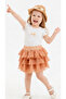 Girl's Smile Text Patterned Straw Hat and Tutu Skirt Brown Color Three-Piece Set