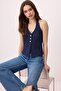 Navy Blue Fitted Tweed Fabric Floral Button Accent Piece Crop Knitted Vest Twoss25Ye00081 - 2