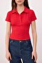 Kırmızı Fitted/Vücuda Oturan Polo Yaka Kısa Kollu Pamuklu Esnek Örme Bluz TWOSS26BZ00487 - 3