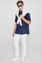 Men's Navy Blue Comfort Fit Relaxed Cut Button Collar Linen Look 100% Cotton Short Sleeve Shirt - 2