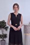 Women's Black Pleated Belted Midi Length Evening Dress - 6