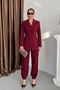 Women's Blazer Jacket Trousers Two-Piece Set with Draped Waist and Button Detail, Tie Back, Double Breasted Collar - 2