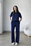 Women's Navy Blue Modal Fabric Short Sleeve Tracksuit Set - 2