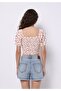 Slim Fit Square Neck Printed Women's Ecru Balloon Sleeve T-Shirt - 2