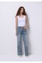 Regular Fit High Waist Wide Leg Women's Cotton Light Indigo Denim Jean Trousers - 3