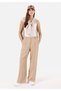 Regular Fit High Waist Wide Leg Women's Beige Trousers with Pockets