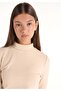 Slim Fit Turtleneck Plain Women's Beige Long Sleeve T-Shirt - 4