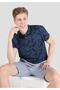 Regular Fit Polo Neck Printed Knitted Pocketless Men's Navy Blue Short Sleeve T-Shirt - 4