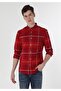 Slim Fit Shirt Neck Plaid Men's Red Long Sleeve Shirt - 3