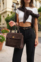 Women's Genuine Leather Lock Detail Charms Hand and Shoulder Bag Rinyas Brown Suede