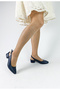 Genuine Leather Navy Blue Color Thick Heel 35-36-37-38-39-40-41 Size Women's Heeled Shoes - 2