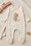 Baby Boy/Girl Romper with Booties, Teddy Bear Printed Snap Fastener Ecru Bodysuit Romper 5952 - 2