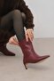 Burgundy Color Women's Thin Heeled Boots - 6