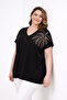 Women's Plus Size Black-Brown, V-Neck, Low Sleeve, Shoulder Stone Detailed Blouse 65N39444 - 3