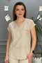 Women's Beige Guipure Lace Shoulder and Pocket Linen Short Sleeve Blouse Shirt