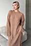 Women's Caramel Crew Neck Braided Midi Length Winter Knitwear Dress - 6