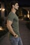 Men's Oval Collar T-Shirt Open Collar Lycra Slim Fit T-shirt Khaki Vr111 - 2