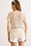 Women's Stone V-Neck Openwork Cotton Knitwear Blouse Blz-19003284 - 5