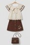 My Little Girl's Embroidery Detailed Ruffle Sleeve Blouse, Velvet Skirt and Bag - 3-Piece Set for Girls - a