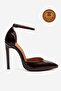 Genuine Leather Brown Patent Leather Pointed Toe Ankle Strap High Thin Heel Shoes Jenna