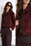 Burgundy Shirt Collar Women's Suede Look Jacket - 2