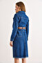 Women's Dark Blue Belted Pocketed Front Slit Midi Denim Dress Elb-19002611 - 6