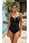 Women's Black Gathering Swimsuit - Stylish Swimsuit with Metal Accessories, Chest Detail, and Thin Straps