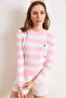 Women's Candy Pink Teddy Bear Embroidered Striped Knitwear Blouse Blz-19003280 - 3