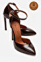 Genuine Leather Brown Patent Leather Pointed Toe Ankle Strap High Thin Heel Shoes Jenna - 2